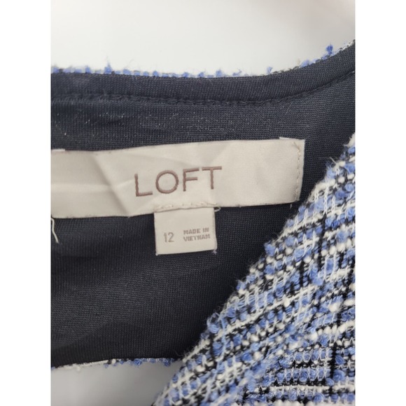 Loft 12 Tweed Dress Blue Black White Pencil Knee Length Short Sleeve Cut out V - Picture 2 of 8